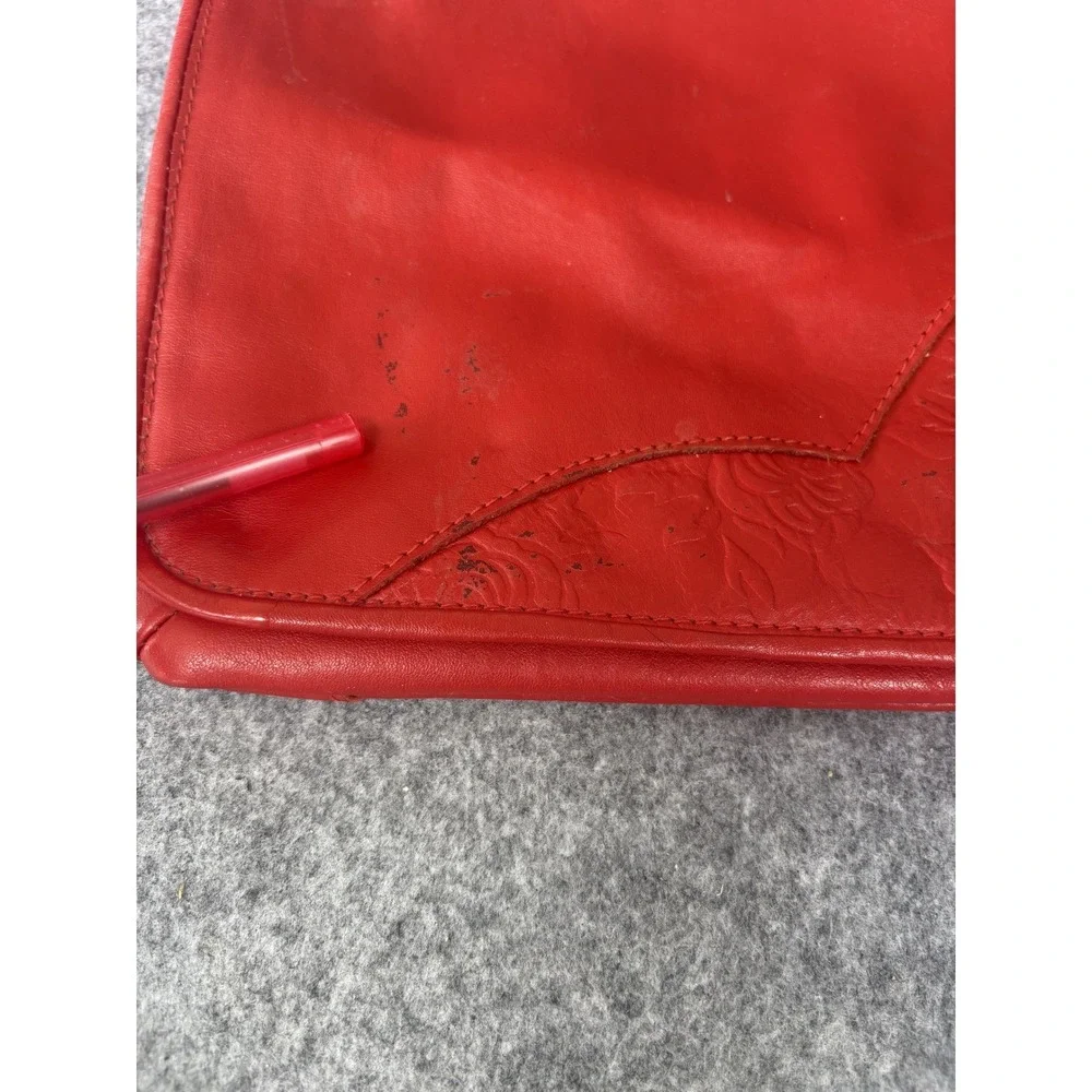 Barganza Floral Embossed Clutch Medium Red Leather‎ Rose Detail Handbag